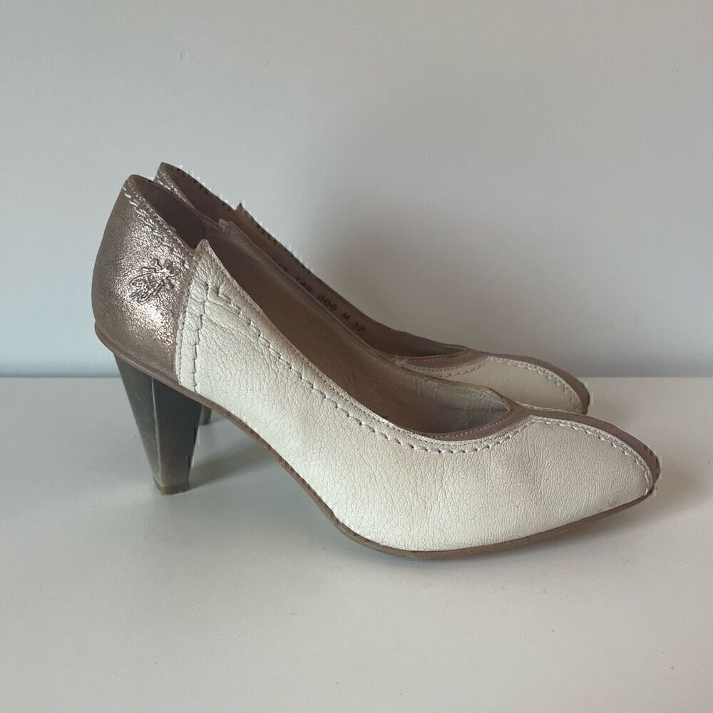Fly London White Gold Heels Funky Artsy Size 37 (US 6.5) Vintage Almond Toe